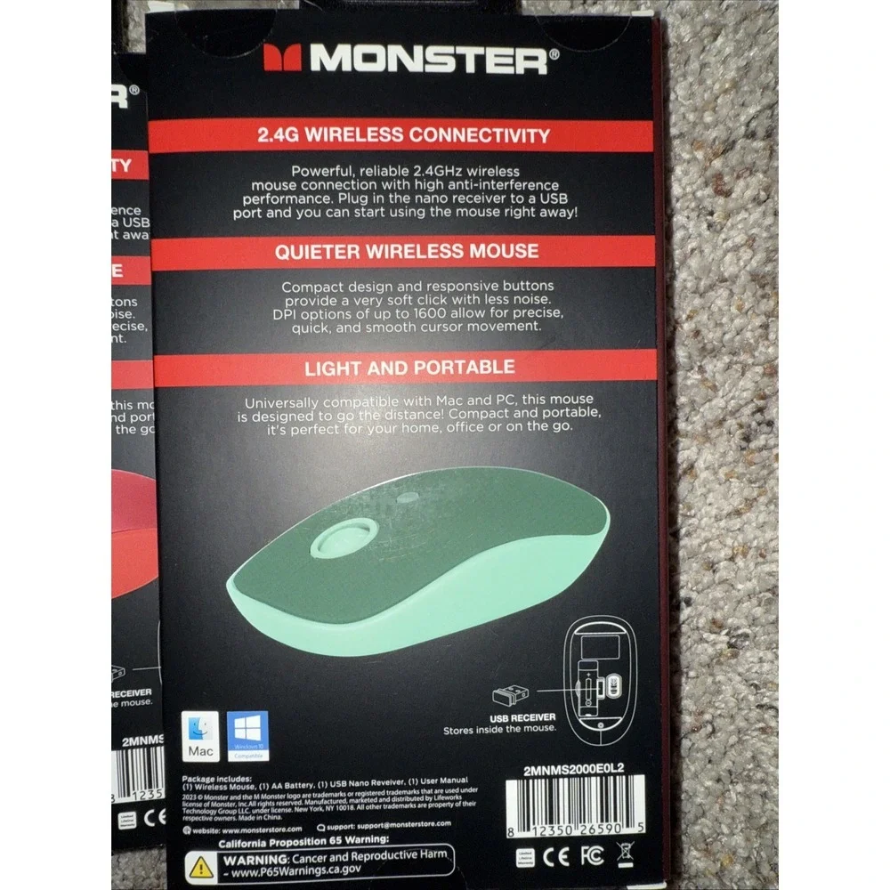 3 Monster Wireless Mouse Silent Clicks Compact‎ Light Portable 2.4G Connectivity